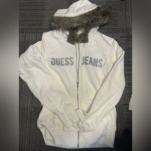 Y2K Guess Jeans White Hoodie with Fur Trim